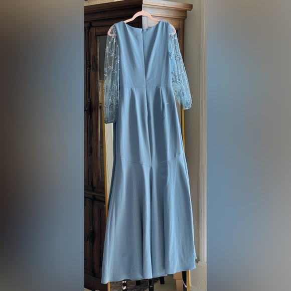 NWT Theia Kiera Light Blue Beaded Puff Sheer Sleeve Ethereal Gown - Picture 12 of 17